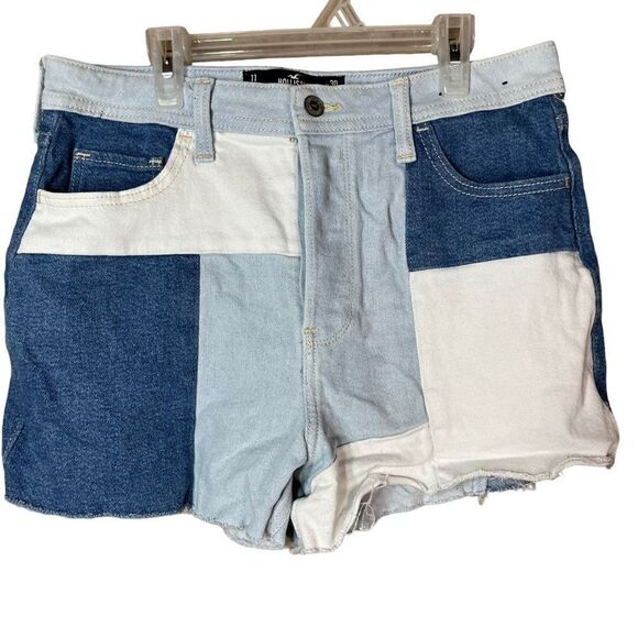 Hollister Ultra High Rise Mom Short Raw Frayed Hem Patchwork Denim Size 11 - Picture 2 of 8